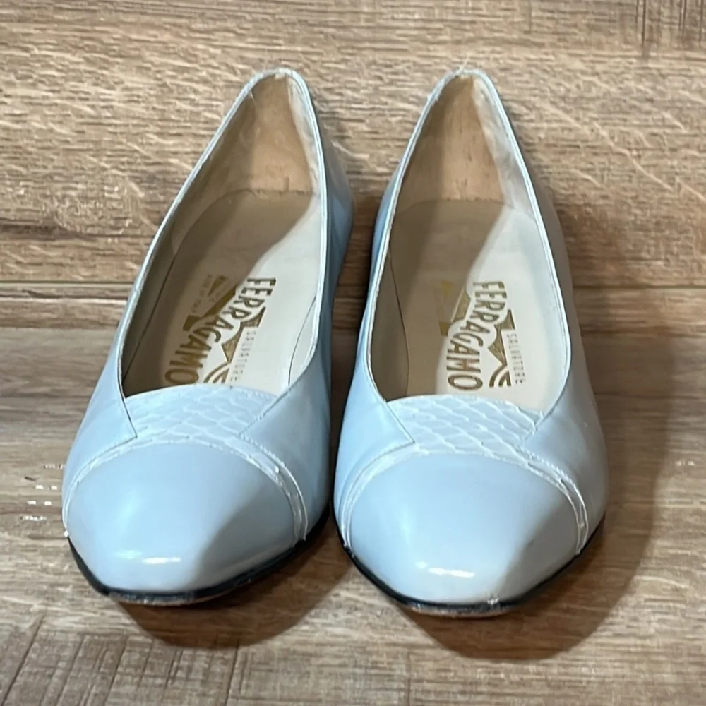 Salvatore Ferragamo Pump‎ Block Heel Retro Gray Snakeskin Square Toe Cap Shoes